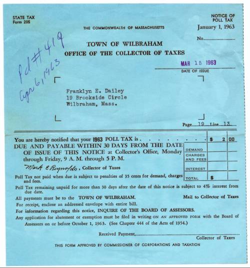 Poll Tax Bill and Receipt: Commonwealth of Massachusetts State Tax  Form 205  dated March 15, 1963 and receipted April 6, 1963 for $ 2.00 for poll tax  paid  by Franklyn E. Dailey  retired Capt. USNR