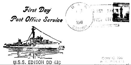 First  delivery of U.S. Postal Service mail envelope to USS Edison shortly after that destroyer's commissioning in early 1941.