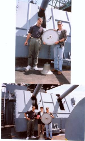 USS Edison DD-439 ship's bell and helm, with caretakers shown on the stern of the USS Joseph P. Kennedy alongside the USS Massachusetts at Fall River Massachusetts about May, 2000.