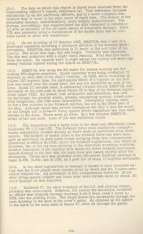 page one of a three page report, plus two estimated damage drawings, of the sinking of the USS Bristol DD-453 in the Mediterranean in World War Ii while escorting a convoy.