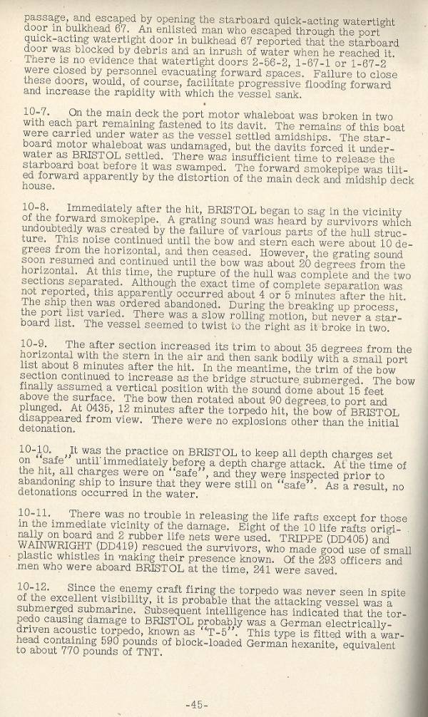 page two of a sequence of pages in which BuShips using USS Bristol DD-453 survivor reports made their estimate of  fatal damage to USS Bristol after that ship was torpedoed.