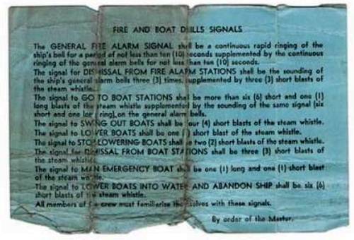 Fragment from emergency instructions on USAT Chatham sunk by U-boat in 1942.