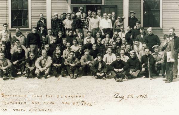 A photo of about 65 survivors of the sinking of the U.S. Army Transport Chatham