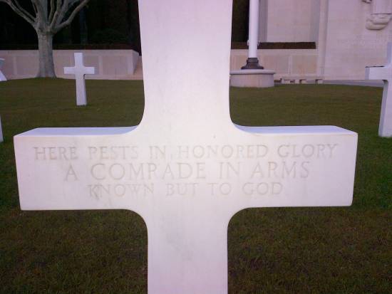 The cross marking the grave of the  60 'unknowns' at Rhone American cemetery at Draguignan France