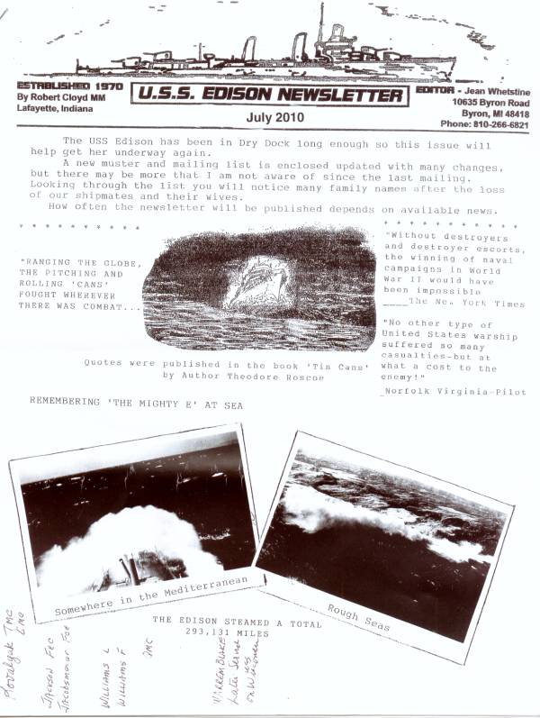The front page of the July 2010 edition of the USS Edison DD-439 Newsletter published by Jean Whetstine of Byron Michigan.