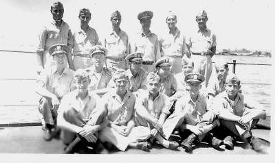 Officers manning USS Edison DD-439 in her Pacific war patrols in WW II. Taken at a base in the Philippines.