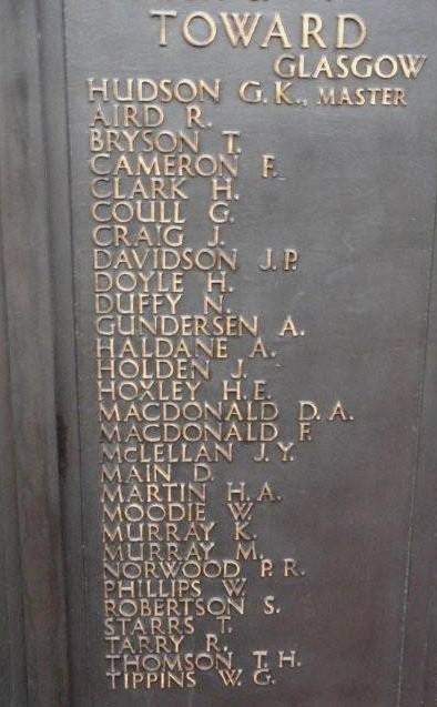 Plaque listing the names of men lost in the sinking of Rescue Ship Toward in World War II