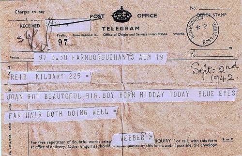 Post Office telegram Farnboroughants announcing birth of Henry Reid