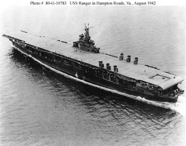 USS Ranger, CV-4, first U.S. aircraft carrier designed and built as such from ground up, is shown at Hampton Roads, VA, in August 1942 just two months before invasion at Casablanca