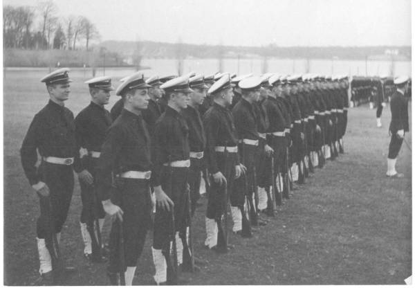 A 'formation' of Midshipmen at the U.S. Naval Academy about 1938. I believe I can identify Midshipman Louis Davic, Class of 1941, the tall middie at the near end of the rear row. Shortly after I ente