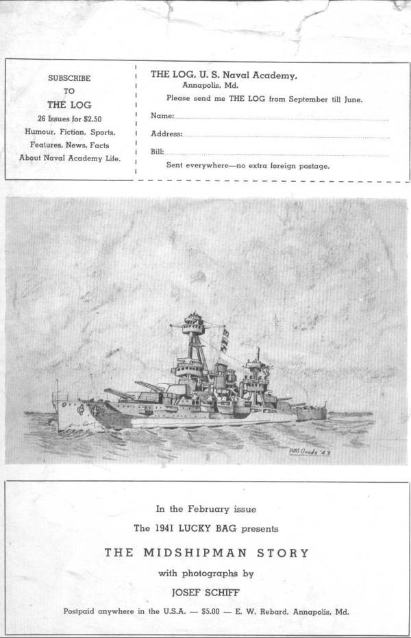 Back cover of the Knickerbocker. published aboard the USS New York to commemorate the Midshipmen's Practice Cruise of 1940.